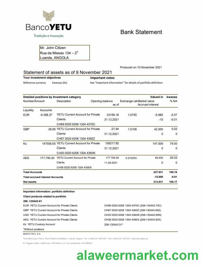 Angola Banco Yetu bank statement template in Excel and PDF format